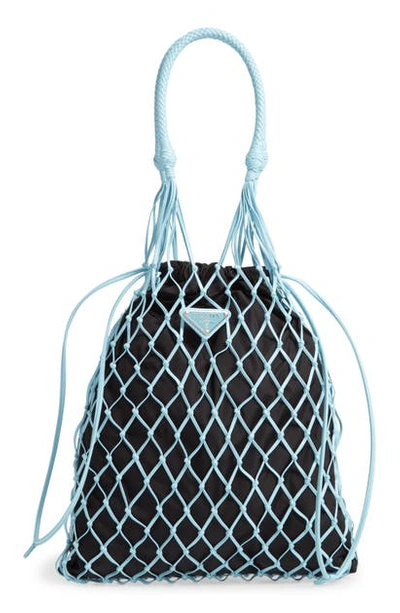 Shop Prada Rete Top Handle Lambskin Drawstring Bag In Cielo/ Nero