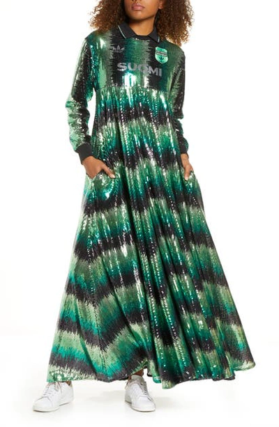 Shop Adidas Originals Sequin Long Sleeve Maxi Dress In Multicolor/ Mist Jade