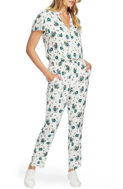 Shop 1.state Festival Rose Smocked Waist Jumpsuit In Soft Ecru Verdi Emerald Multi