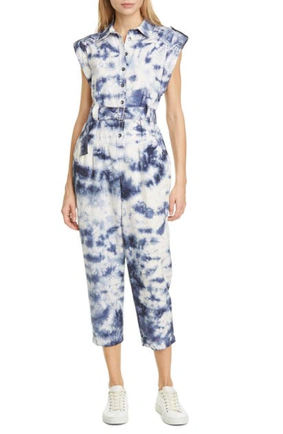 Shop La Vie Rebecca Taylor Tie Dye Crop Cotton Jumpsuit In White/ Navy