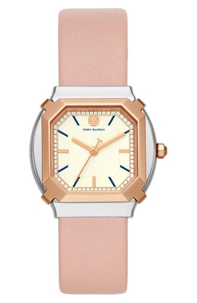 Shop Tory Burch The Blake Leather Strap Watch, 34mm In Nude/ White/ Silver