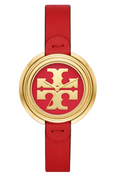 Shop Tory Burch The Miller Leather Strap Watch, 36mm In Red/ Gold