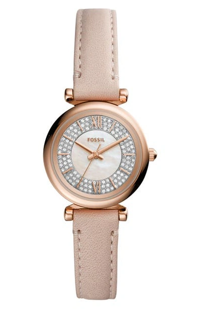 Shop Fossil Carlie Mini Pave Leather Strap Watch, 28mm In Nude/ White/ Rose Gold
