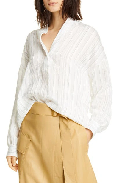 Shop Vince Stripe Split Neck Blouse In Optic White