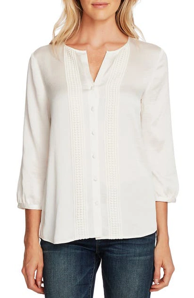 Shop Vince Camuto Lace Detail Hammered Satin Shirt In 144-pearl Ivory