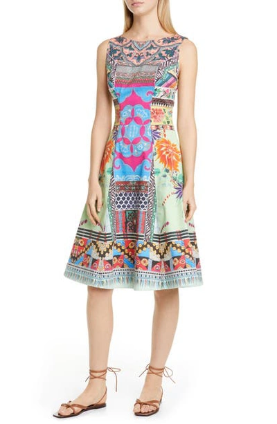Shop Etro Print Stretch Cotton Fit & Flare Dress In Green