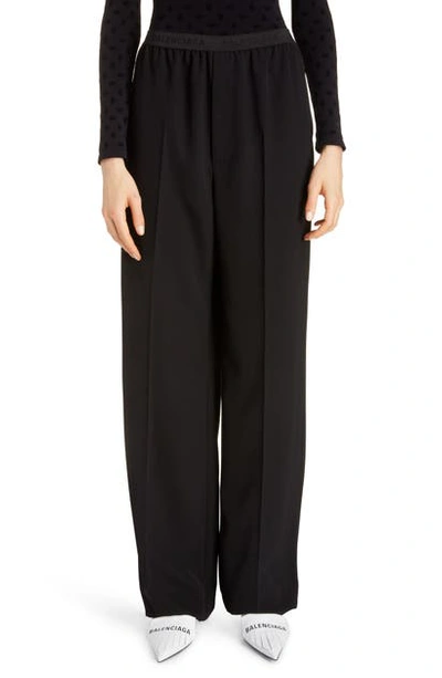 Shop Balenciaga Logo Waist Tech Twill Wide Leg Pants In Black