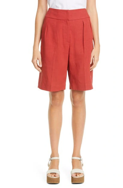 Shop Brunello Cucinelli Stretch Linen & Cotton Pleated Bermuda Shorts In Rosso