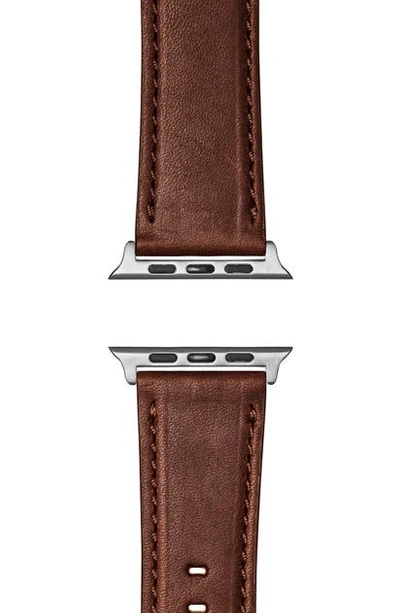 Shop Shinola Leather Apple Watch Strap In Cattail Brown/ Silver Plating