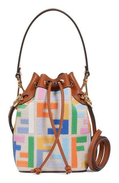 Shop Fendi Mini Mon Tresor Logo Canvas Bucket Bag In Brown Multi
