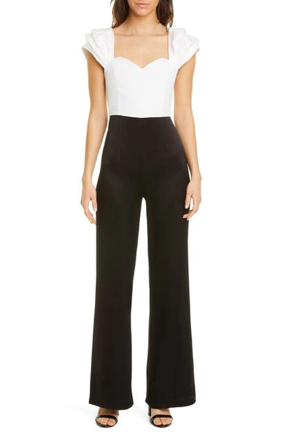 Shop Alice And Olivia Mateo Puff Sleeve Wide Leg Jumpsuit In Black/ Off White