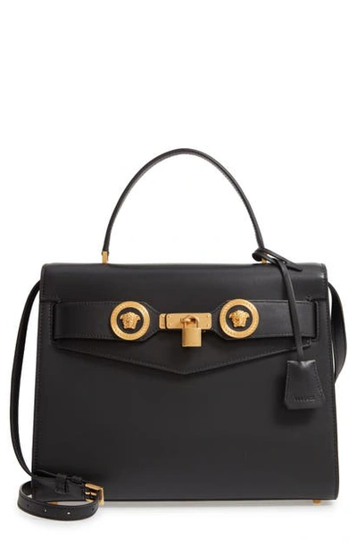 Shop Versace Icon Leather Top Handle Shoulder Bag In Black/ Tribute Gold