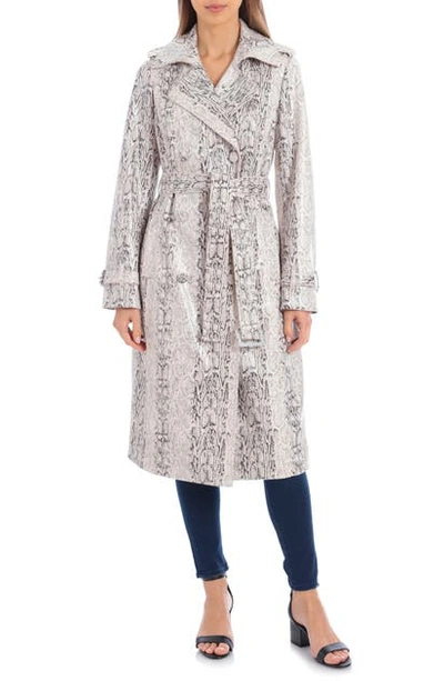 Shop Avec Les Filles Snake Print Double Breasted Faux Leather Trench Coat In Ivory Snakeskin