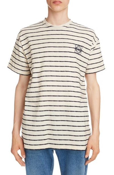 Shop Loewe Anagram Embroidered Stripe T-shirt In Ecru/ Navy Blue