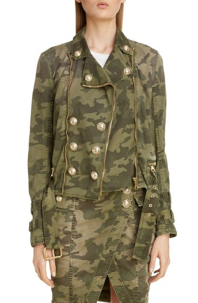 Shop Balmain Camouflage Twill Moto Jacket In Kaki