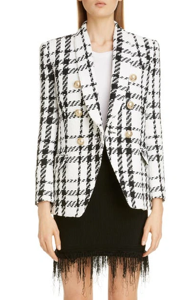 Shop Balmain Double Breasted Check Tweed Jacket In Noir/ Blanc