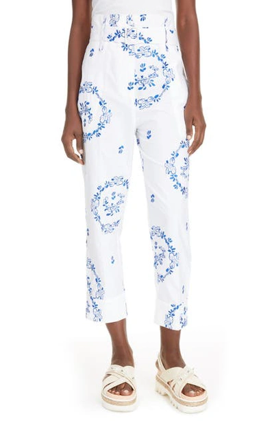Shop Simone Rocha Delft Embroidered Paperbag Waist Trousers In White/ Blue