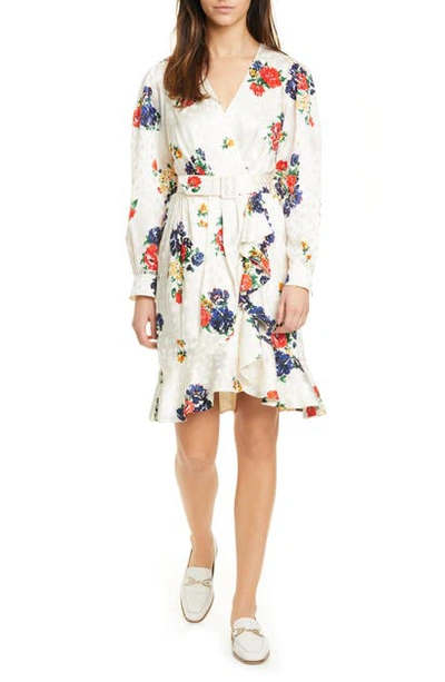 Shop Tory Burch Floral Print Long Sleeve Silk Wrap Dress In Ivory Tea Rose