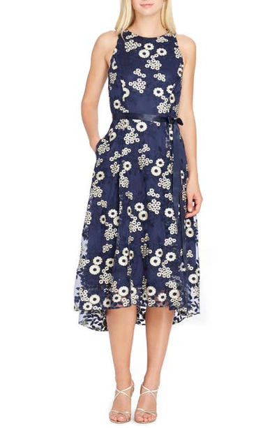 Shop Tahari Floral Embroidered Dress In Navy/ Gold