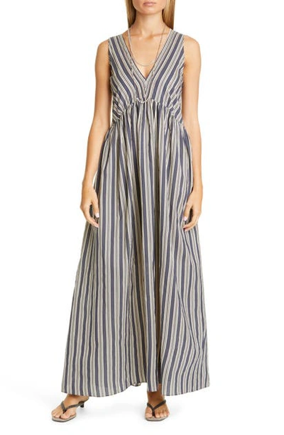 Shop Brunello Cucinelli Stripe Cotton & Silk A-line Maxi Dress In Blue White