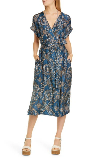 Shop Brunello Cucinelli Floral Print Silk Wrap Midi Dress In Blue Brown