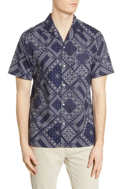 Shop Officine Generale Dario Bandana Print Short Sleeve Button-up Camp Shirt In Navy/ White