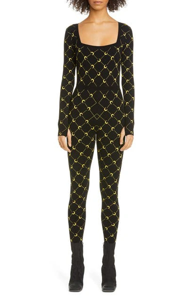 Shop Marine Serre Moon Grid Long Sleeve Jacquard Jumpsuit In Black With Yellow Moon