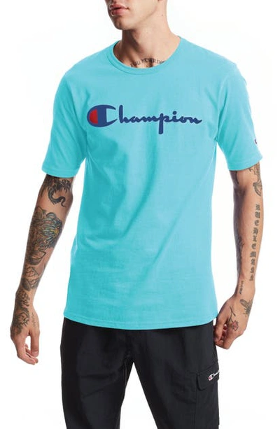 Shop Champion Heritage Script Logo T-shirt In Blue Horizon
