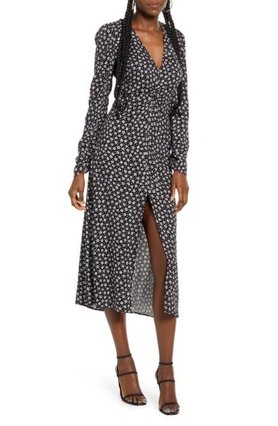 Shop Afrm Madsen Ruched Long Sleeve Midi Dress In Noir Daisy Ditsy