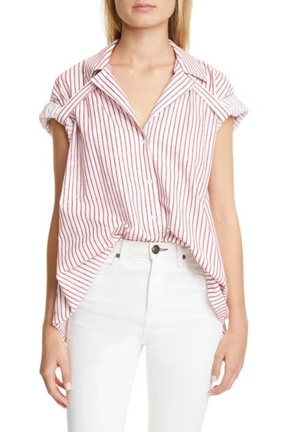 Shop By Any Other Name Oversize Velvet Pinstripe Cotton Shirt In Pink/ Burgundy