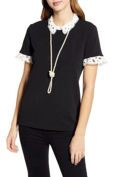 Shop Karl Lagerfeld Lace Trim & Imitation Pearl Short Sleeve Top In Black