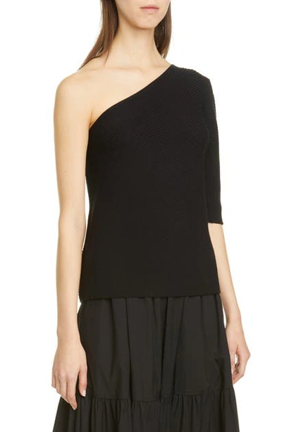 Shop Lafayette 148 Ribbed Cotton & Silk One-shoulder Sweater In Black