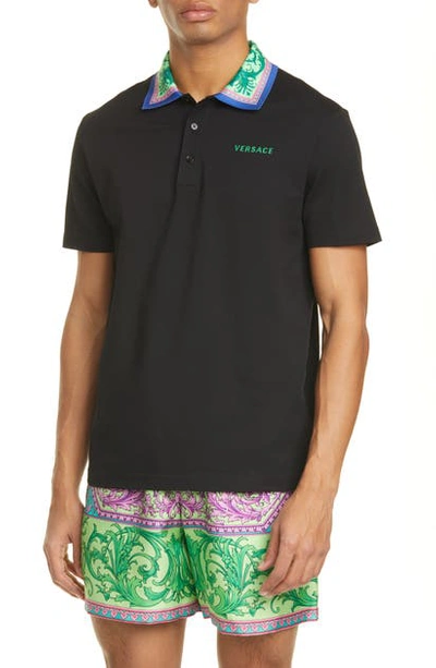 Shop Versace Black Short Sleeve Cotton Polo Shirt