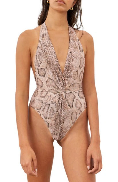 Shop Mara Hoffman Gabriela Snake Print Halter One-piece Swimsuit In Sand Multi