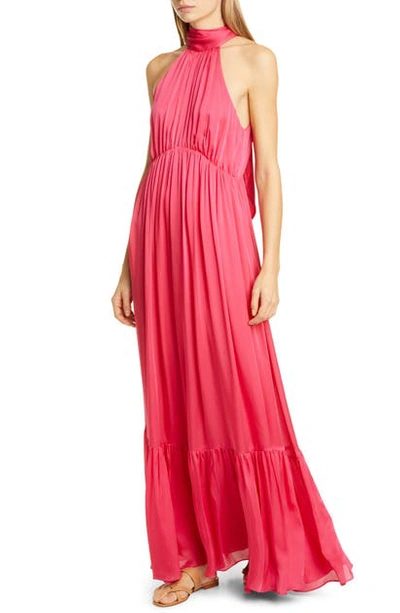 Shop Zimmermann Halter Bow Silk Maxi Dress In Magenta