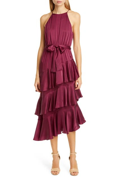 Shop Zimmermann Asymmetrical Tiered Ruffle Silk Charmeuse Dress In Berry