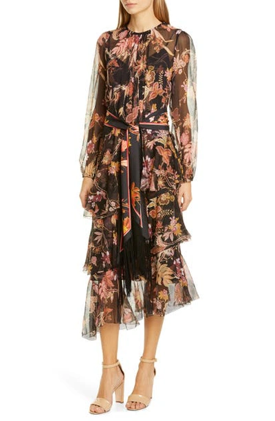 Shop Zimmermann Wavelength Floral Long Sleeve Asymmetrical Silk Midi Dress In Black Phoenix