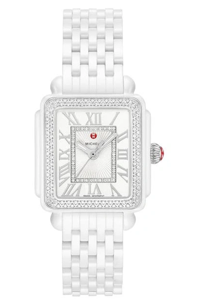 Shop Michele Deco Madison Mid Diamond Watch Head & Ceramic Bracelet, 29mm In Wht/silv Wht Sunray/wht