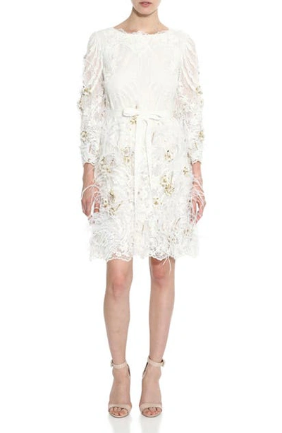 Shop Marchesa Feather Embellished Long Sleeve Lace Dress In Ivory