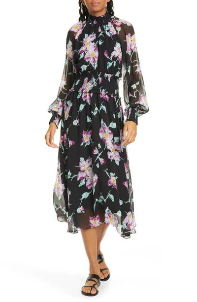 Shop A.l.c Casey Floral Long Sleeve Silk Midi Dress In Black Purple