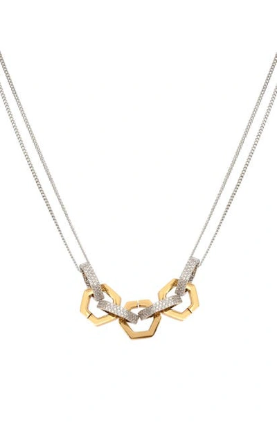 Shop Allsaints Hex Mixed Link Frontal Necklace In Crystal/ Gold/ Rhodium
