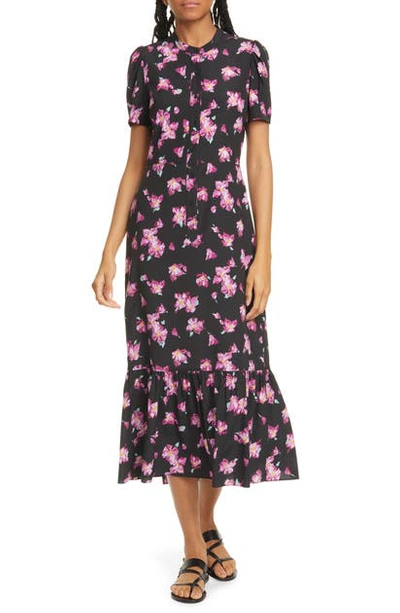 Shop A.l.c Dylan Floral Puff Sleeve Stretch Silk Shirtdress In Black/ Purple Floral