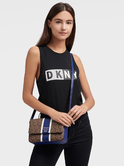 Shop Donna Karan Dkny Women's Medium Flap Logo Crossbody With Stripe - In Mocha/royal Blue