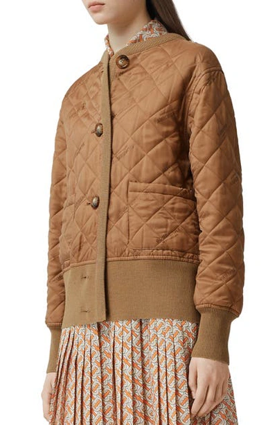 Shop Burberry Nairn Quilt Front Logo Jacquard Sweater Jacket In Warm Camel