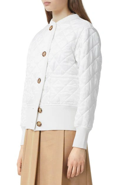 Shop Burberry Nairn Quilt Front Logo Jacquard Sweater Jacket In White