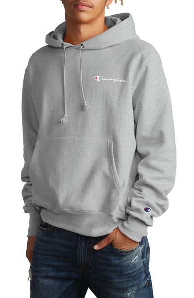 Shop Champion Reverse Weave Script Chest Logo Hoodie In Oxford Grey