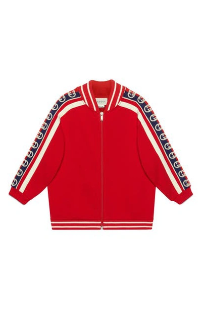 Shop Gucci Logo Stripe Front Zip Cotton Sweatshirt In Crab Red/ White