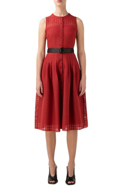 Shop Akris Punto Grid Lace Belted Fit & Flare Dress In Luminous Red/ Black
