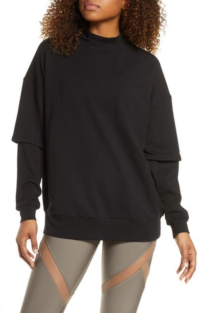 Shop Alo Yoga District Mock Neck Micro French Terry Sweatshirt In Black