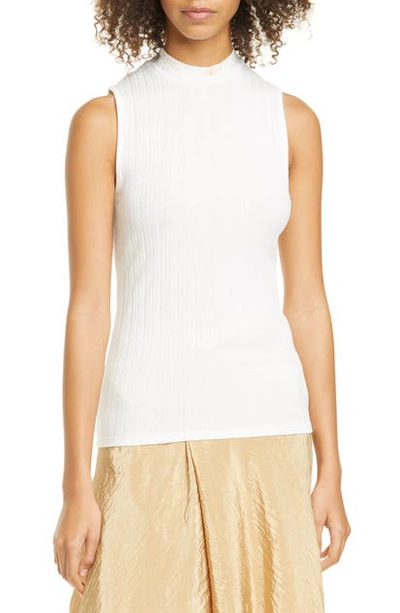 Shop Vince Variegated Rib Mock Neck Stretch Cotton Tank Top In Optic White